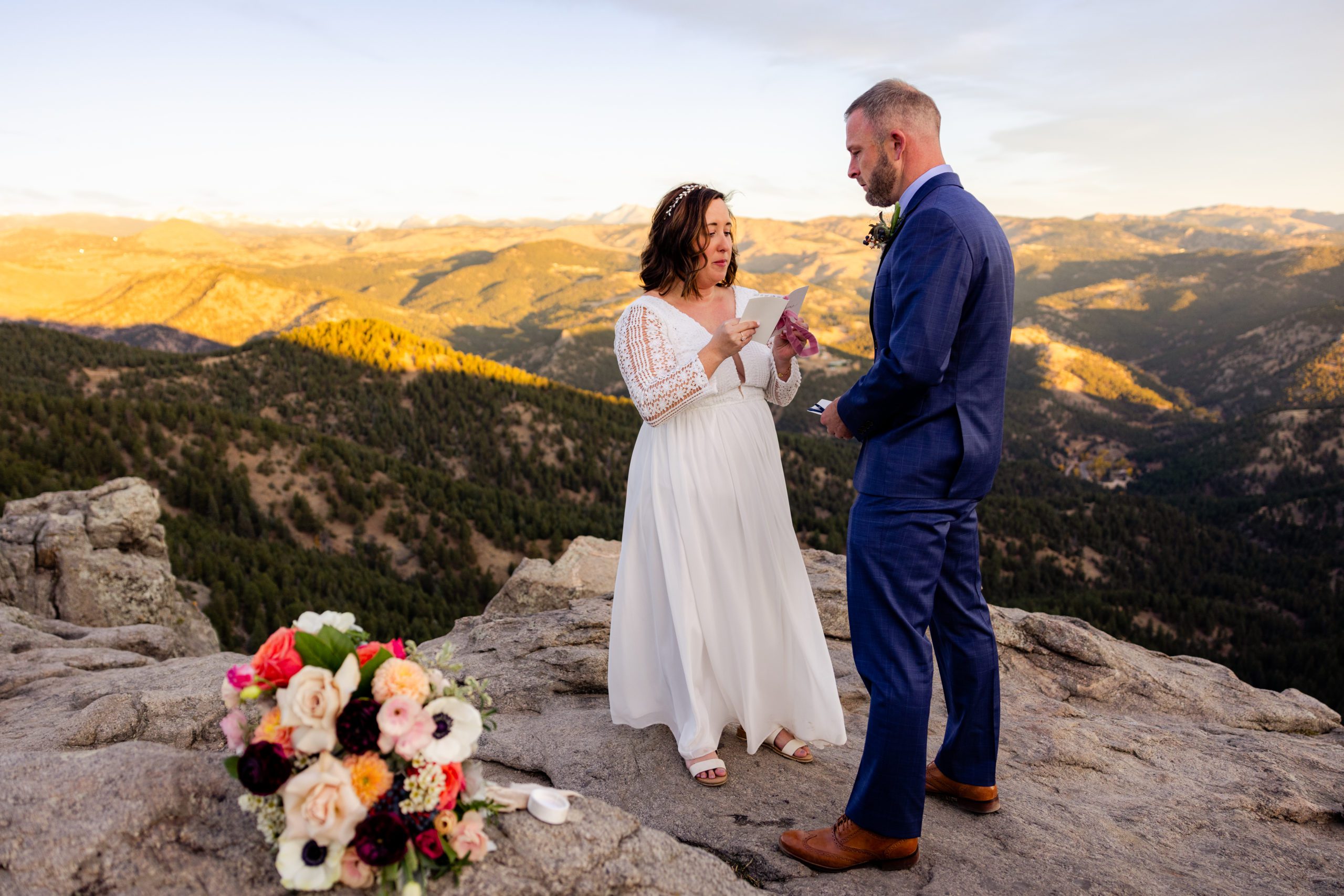 Couple exchanges vows during their elopement at Lost Gulch Overlook in Boulder Colorado