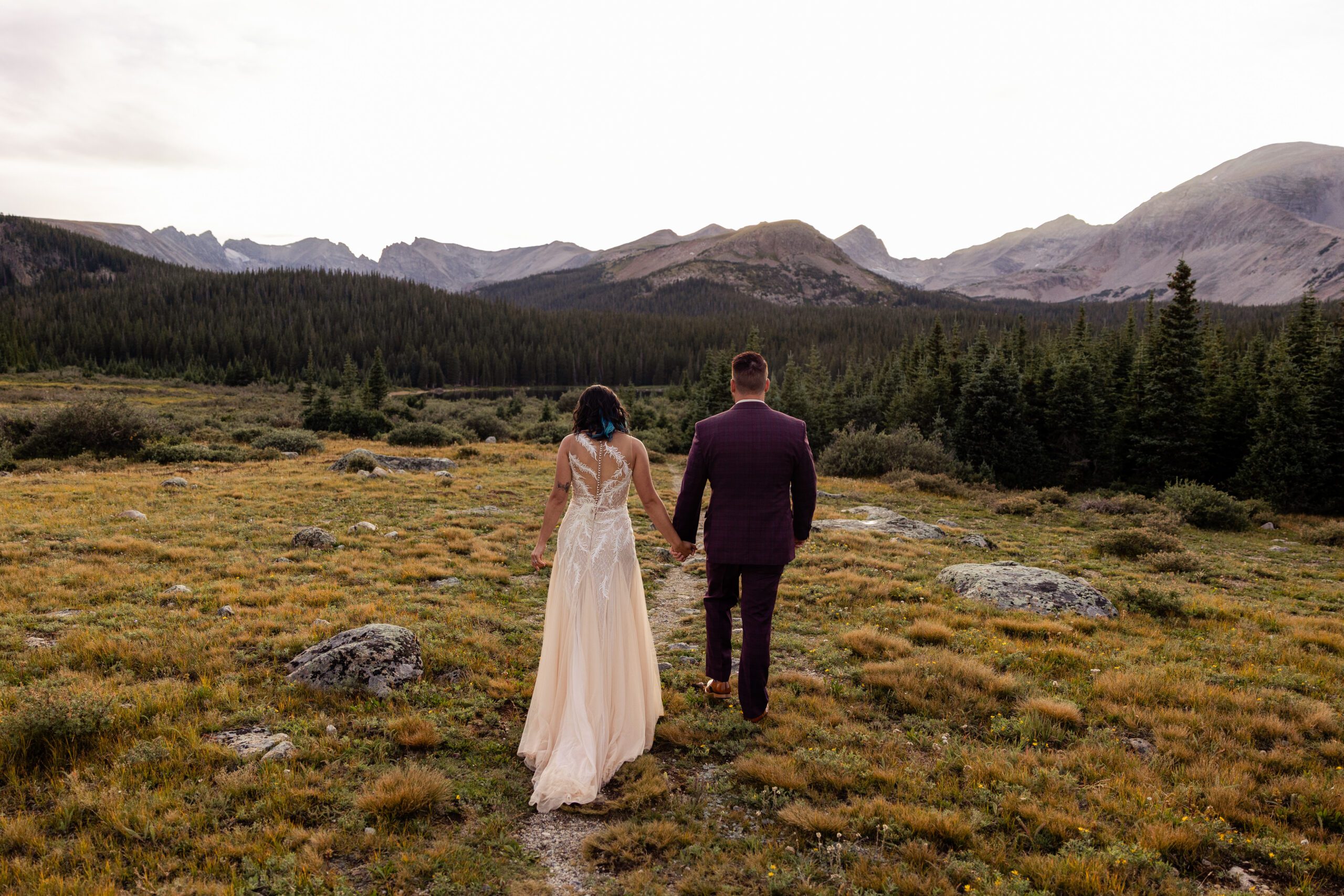 Bride and groom walking towards the forests in the meadow after their Brainard Lake Elopement.