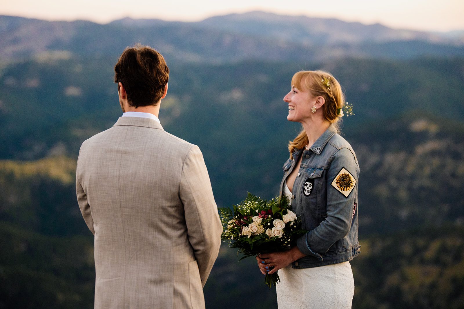 Bride and groom during their sunrise Lost Gulch Overlook elopement