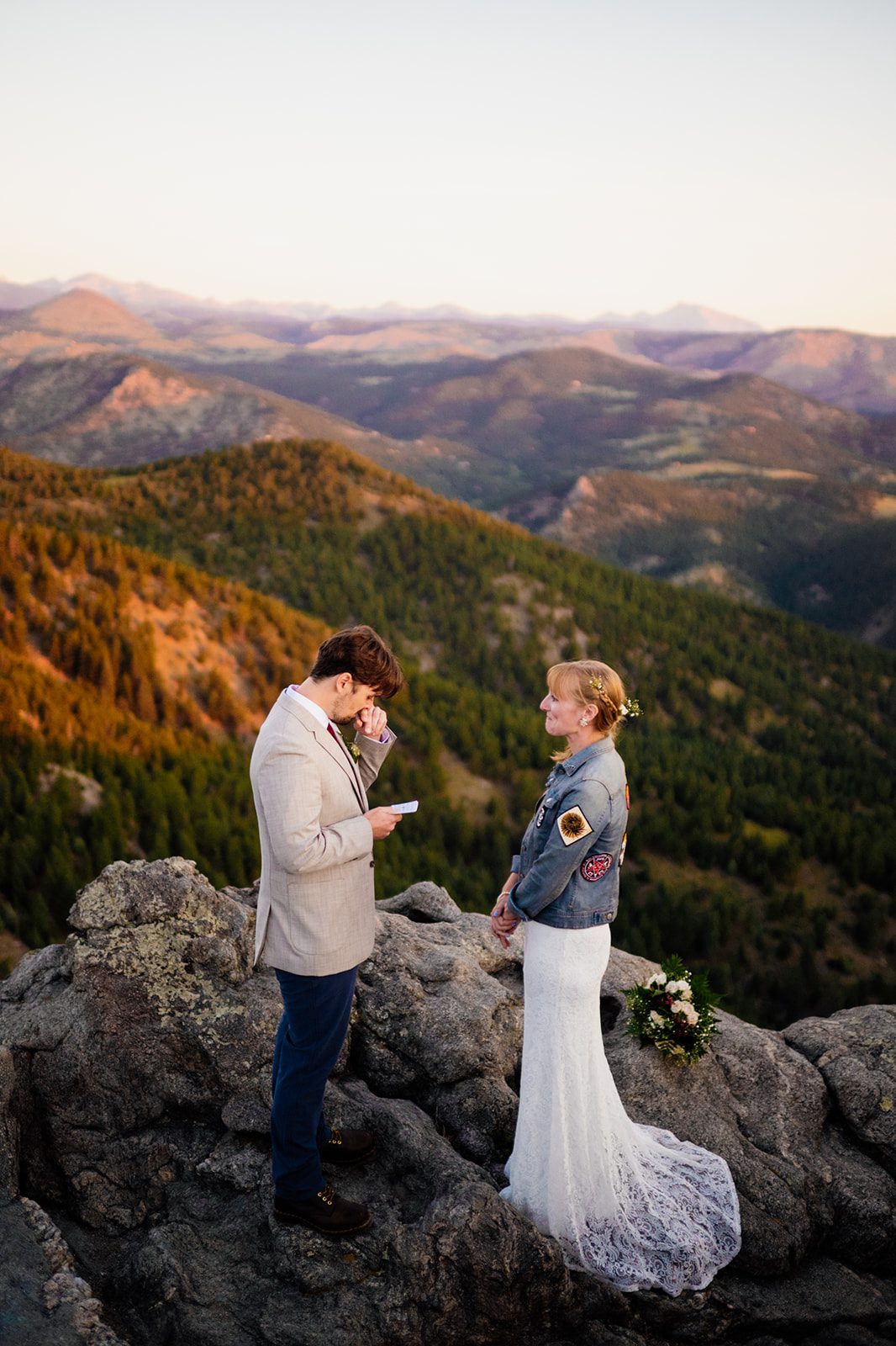 bride and groom at sunrise during Lost Gulch Overlook elopement ceremony