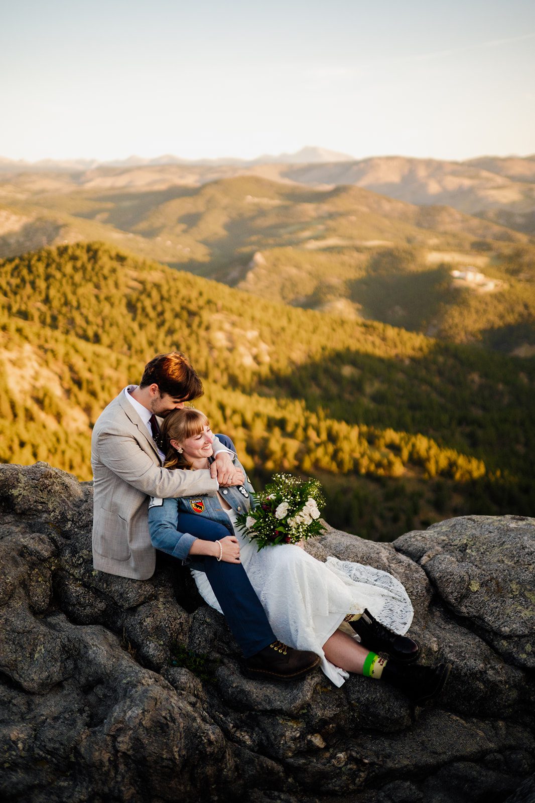Lost Gulch Overlook elopement. Bride and groom in non-traditional bridal attire. 