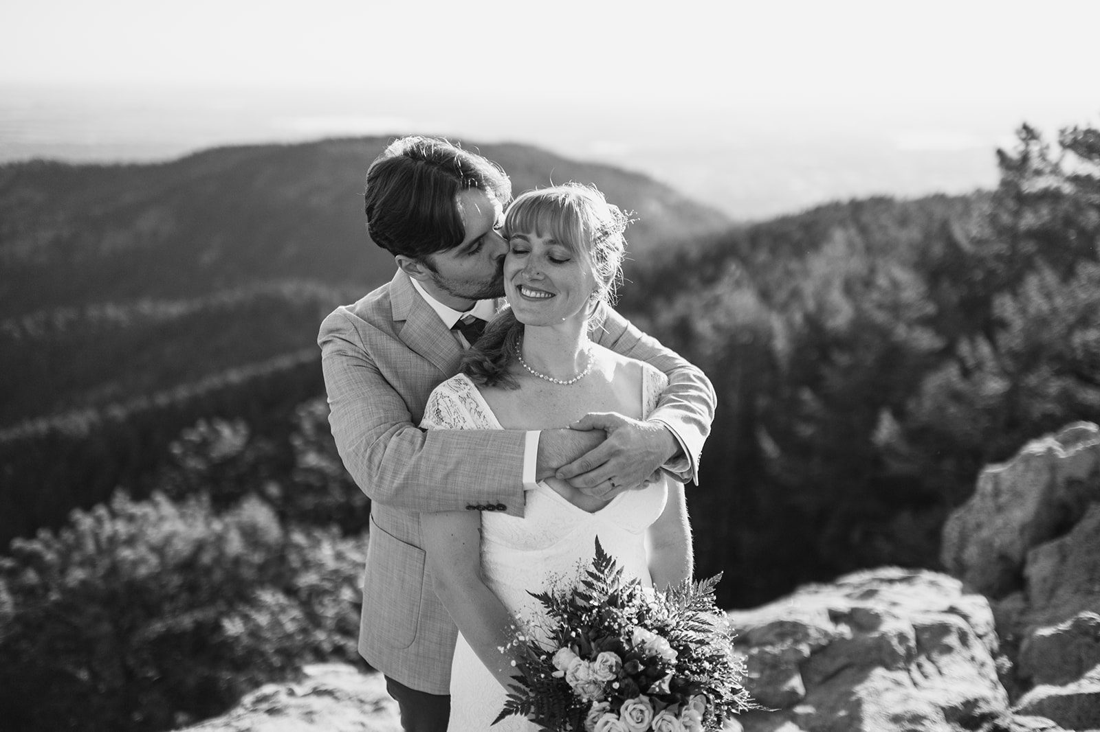 black and white photo of bride and groom after Lost Gulch Overlook ceremony. 