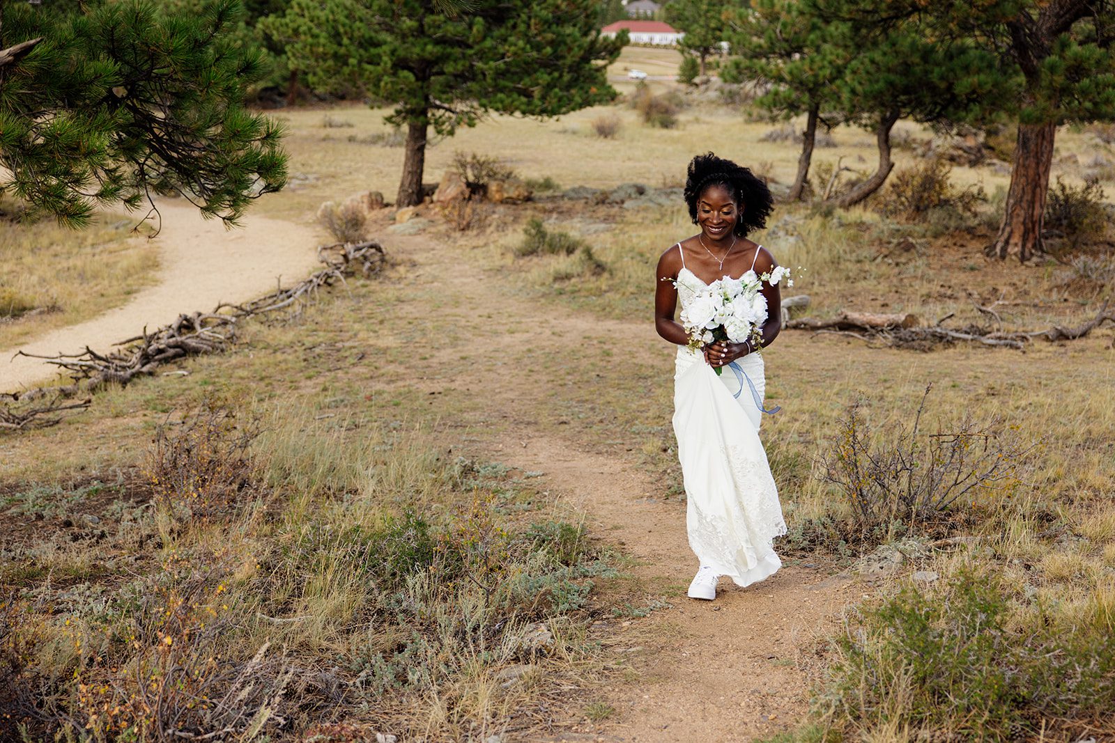 bride walking towards groom for their Knoll Willows Elopement ceremony. 
