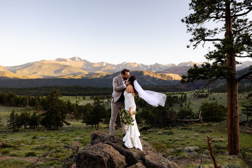 bride and groom kissing sweetly on top of a rock, the bride's veil blows in the wind. the rocky mountains are in the background.