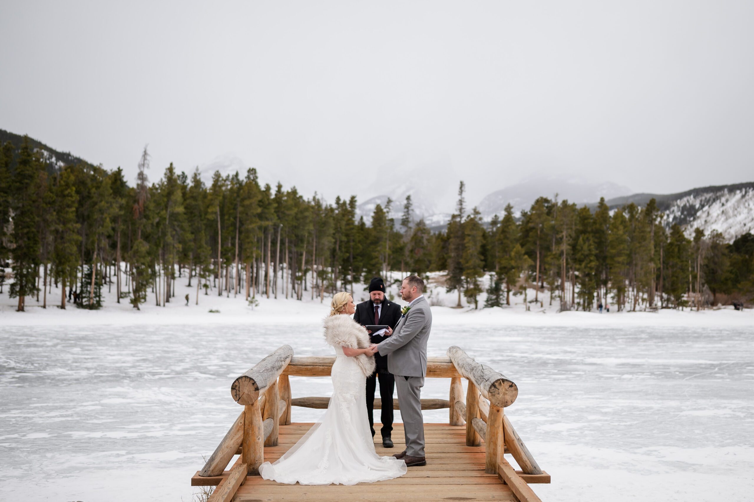 The bride and groom on the bride at their Winter Elopement at Sprague Lake. 