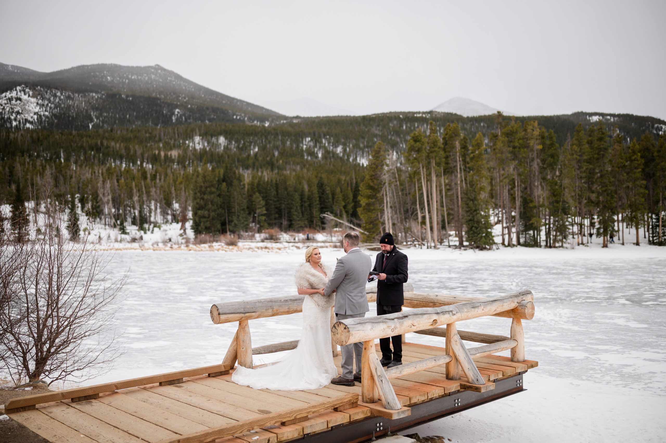 a far away shot with the frozen lake at their Winter Elopement at Sprague Lake. 