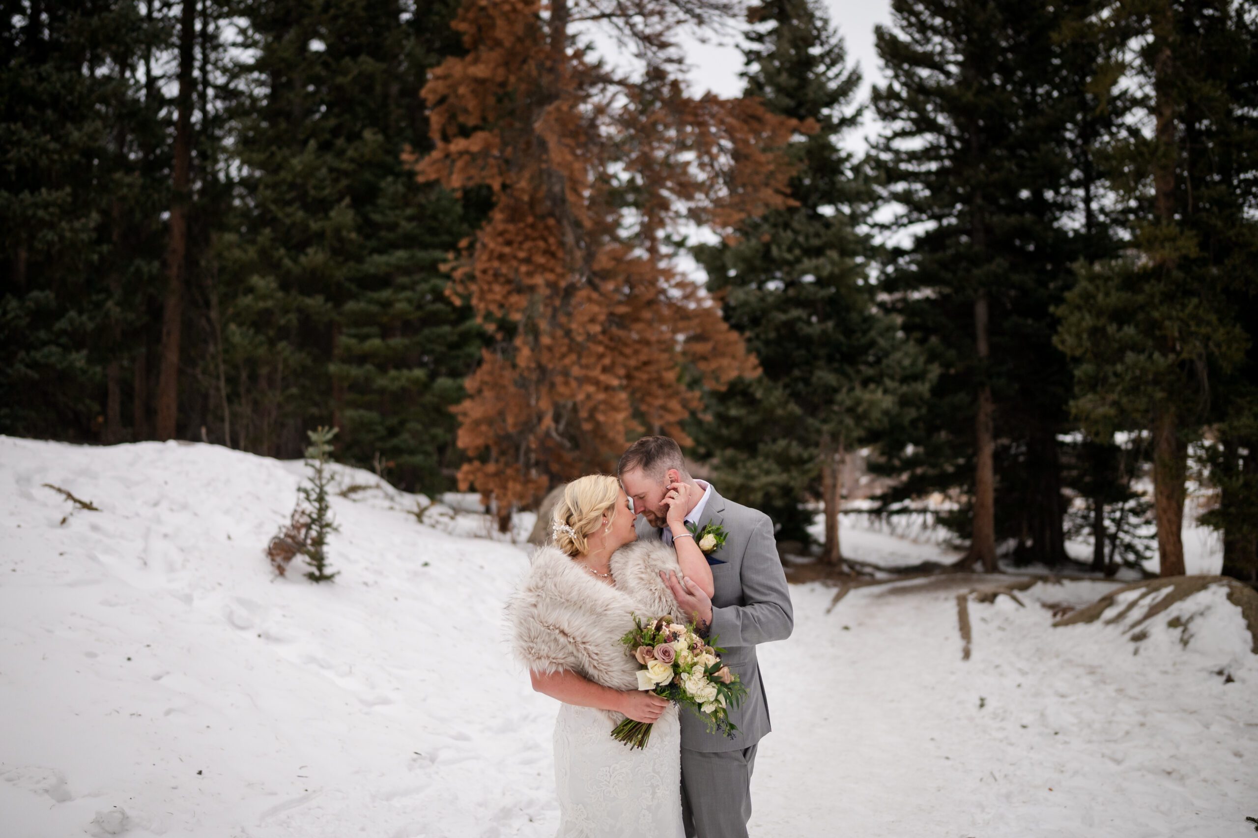 the bride and groom's holding each other closely Winter Elopement at Sprague Lake. 