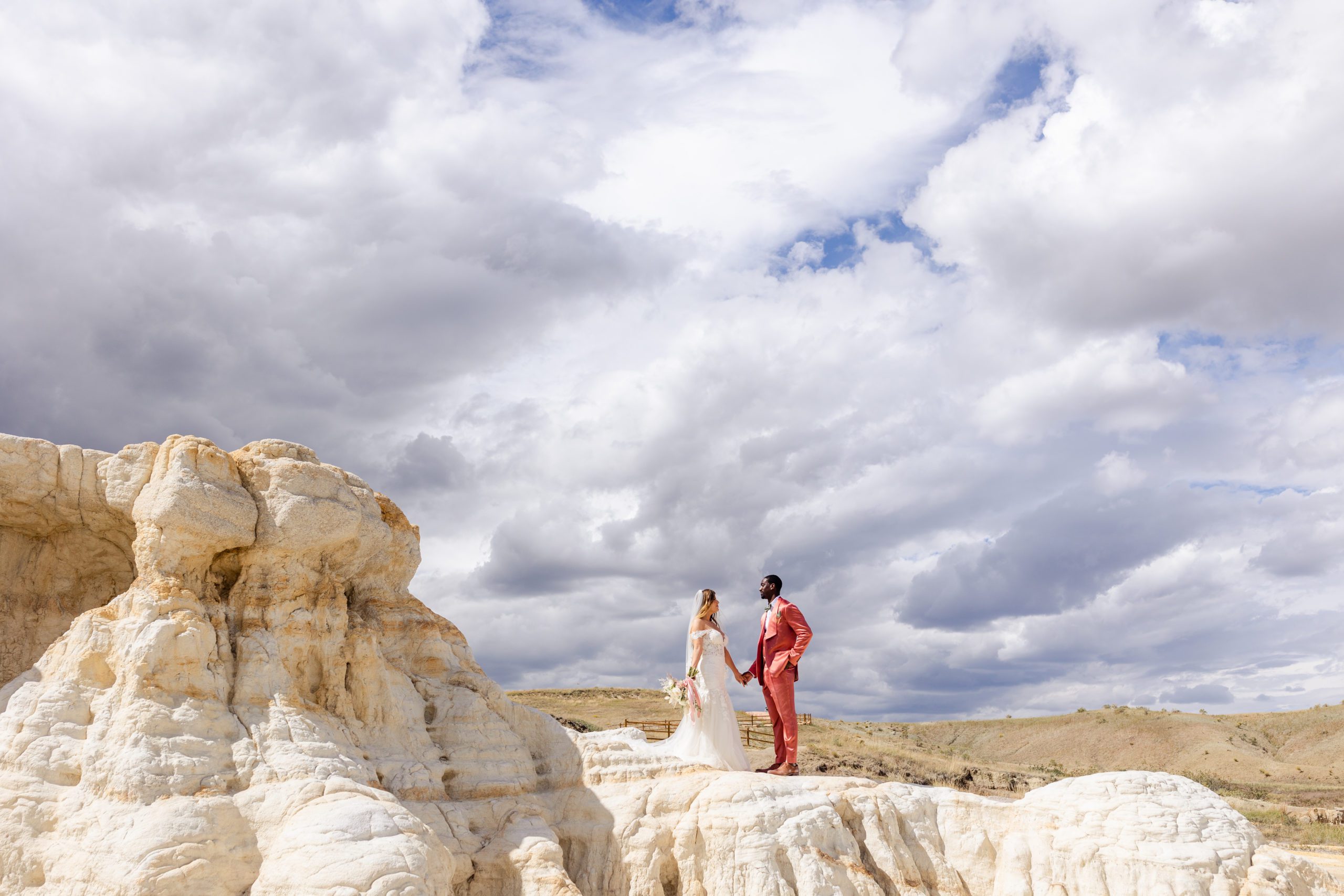 Aerial shot of the bride and groom at the Paint Mines before their elopement at the Garden of the Gods