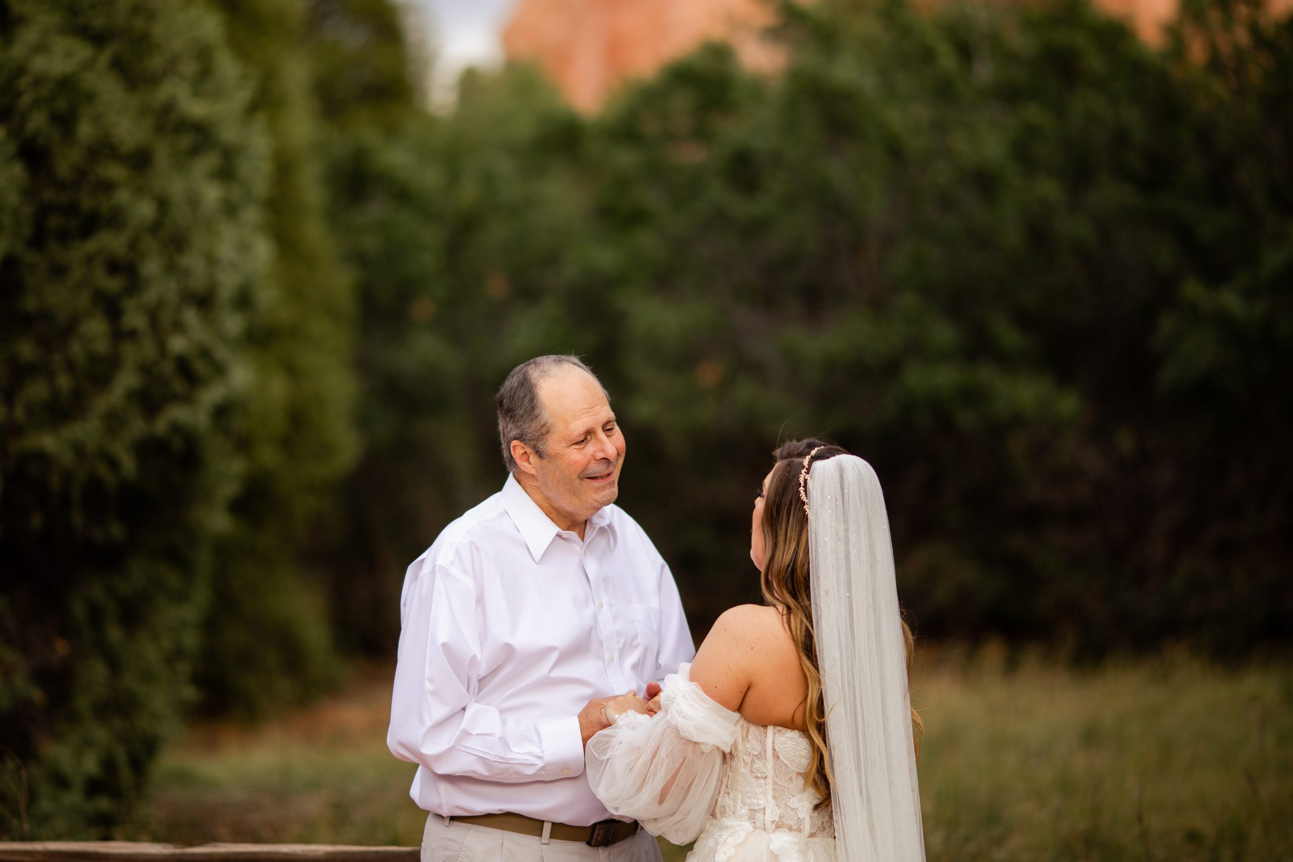 Father of the bride looking lovingly at his daughter the bride at the Garden of the Gods