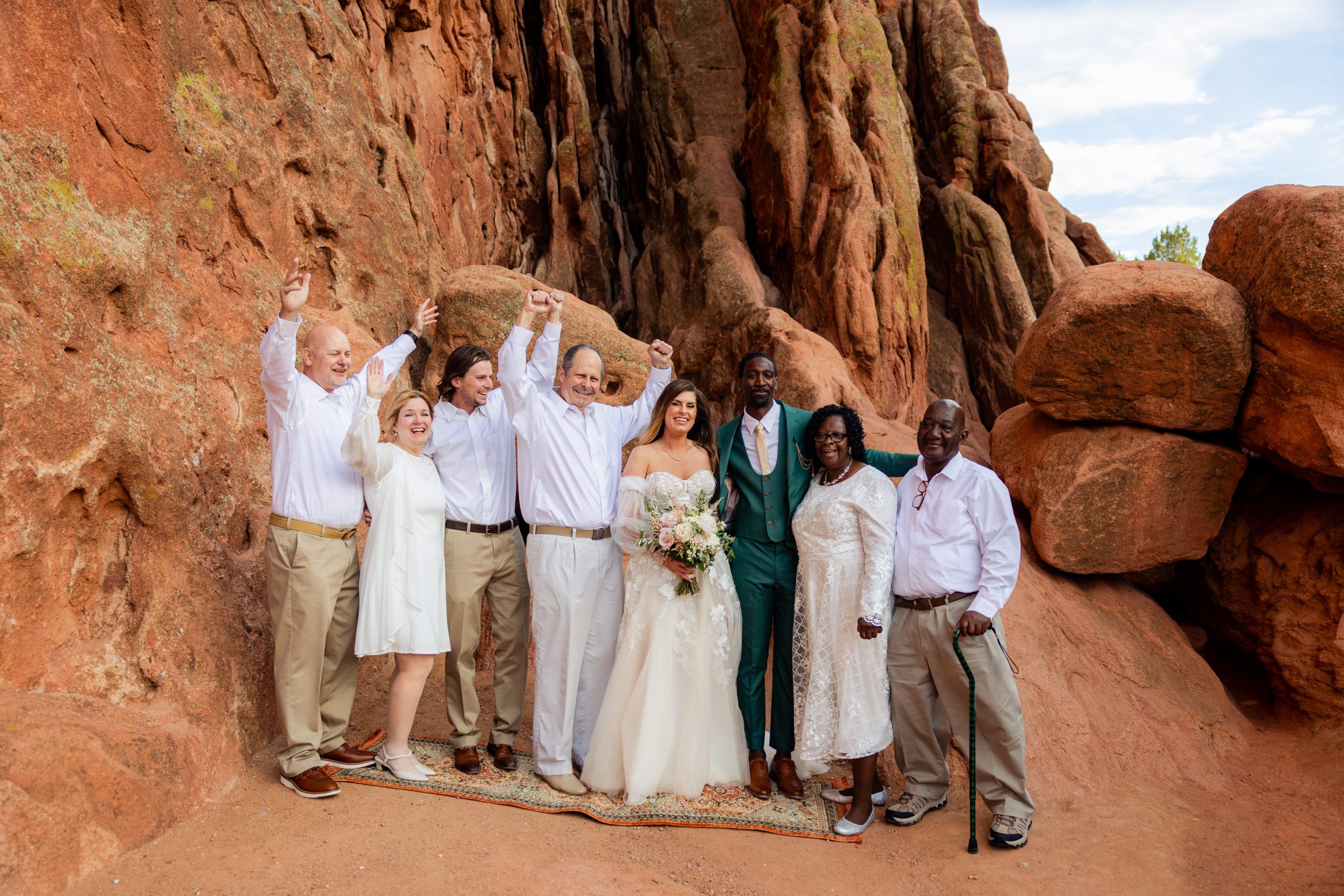 A family photo after their ceremony at  at the Garden of the Gods.