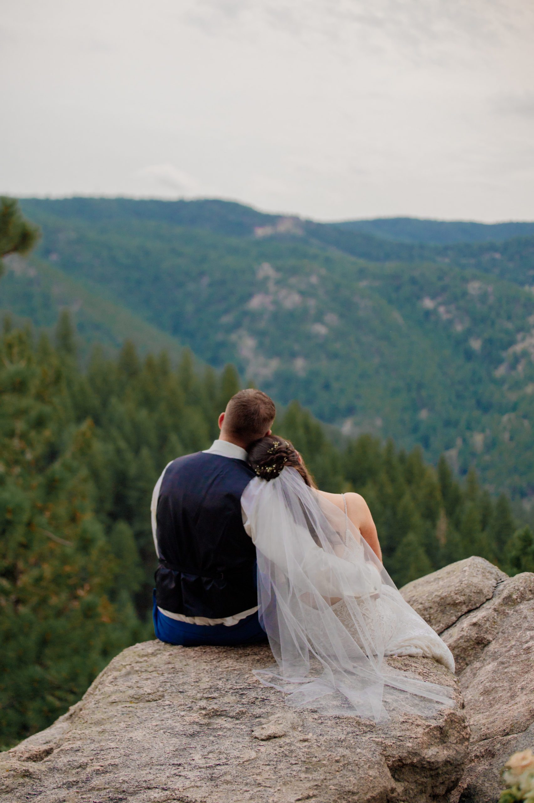 the bride and groom sitting together facing the mountain range. Their backs to the camera, at Artist Point. 