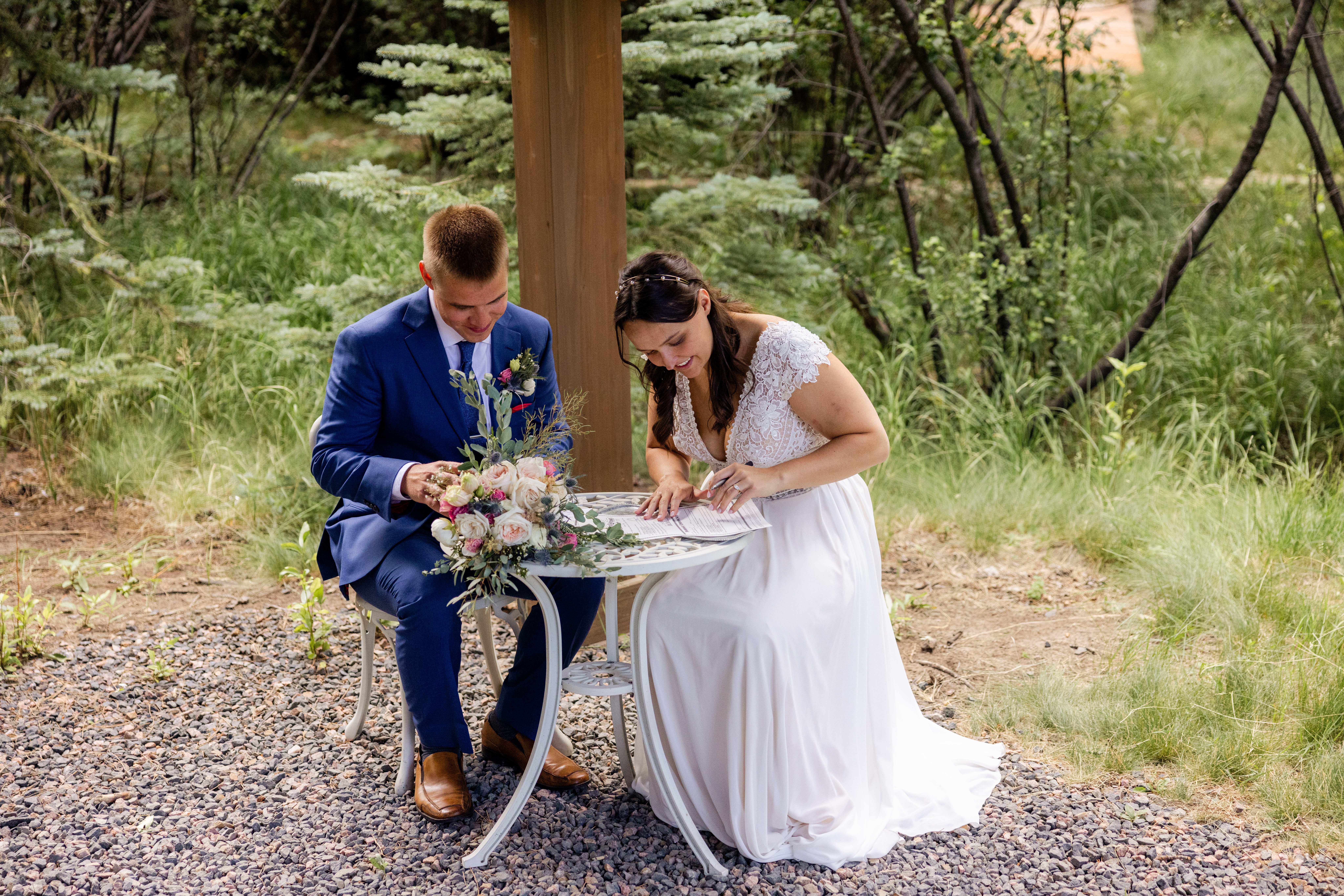 The bride and groom sign their marriage license after their wedding at Romantic RiverSong Inn in Estes Park. 