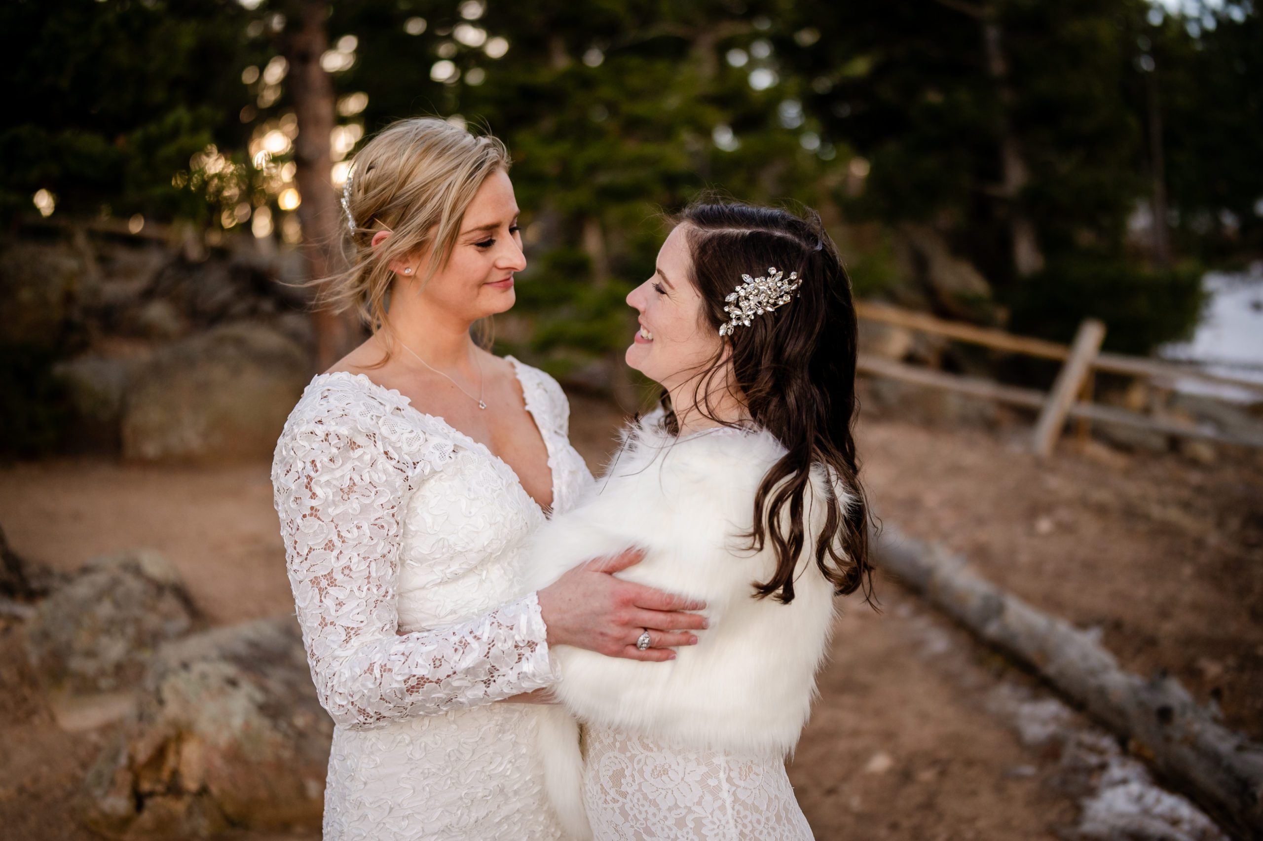 The bride's looking at each other sweetly during their Lost Gulch elopement. 