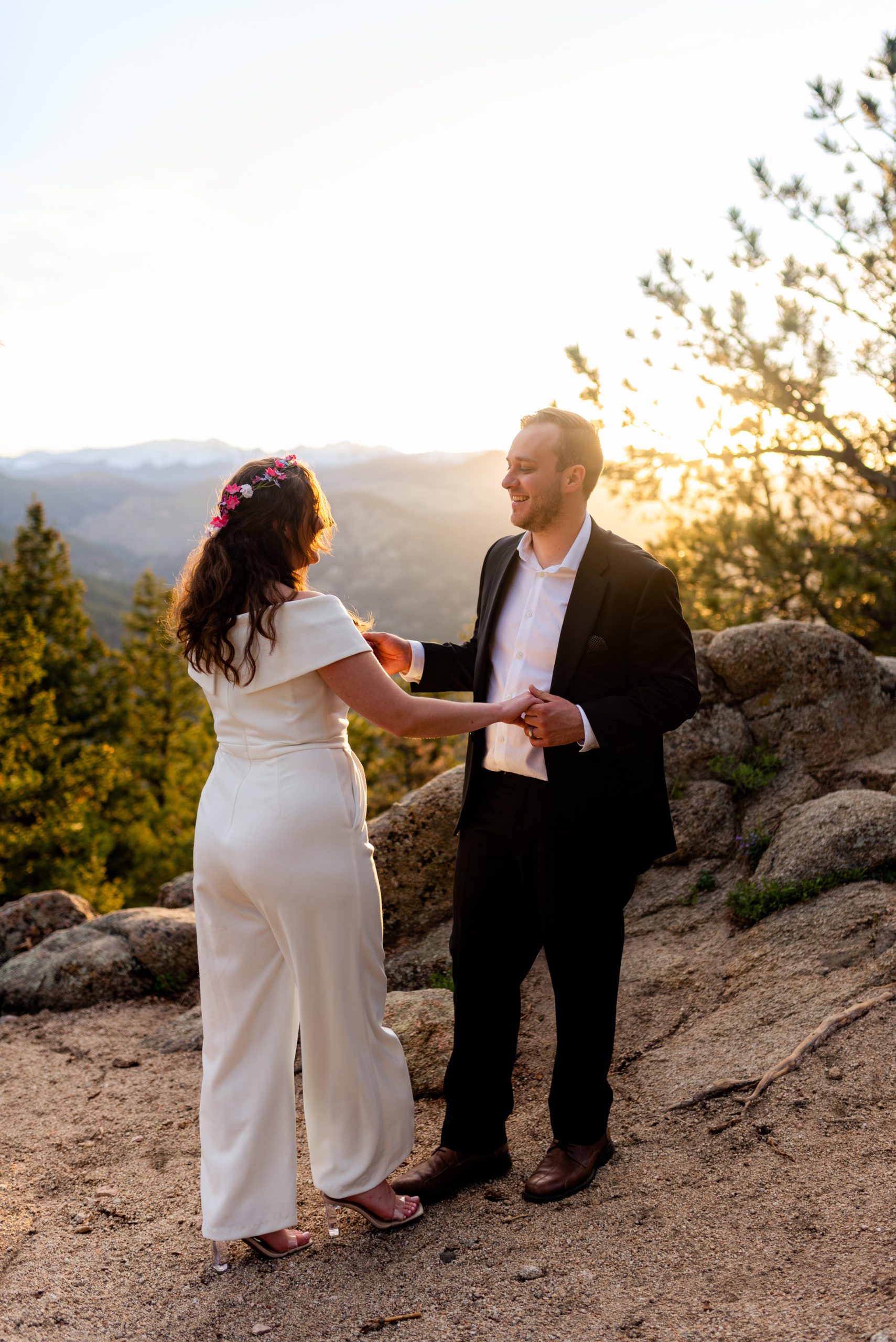 The bride and groom share their first dance at their Boulder Hiking elopement near Realization point. 