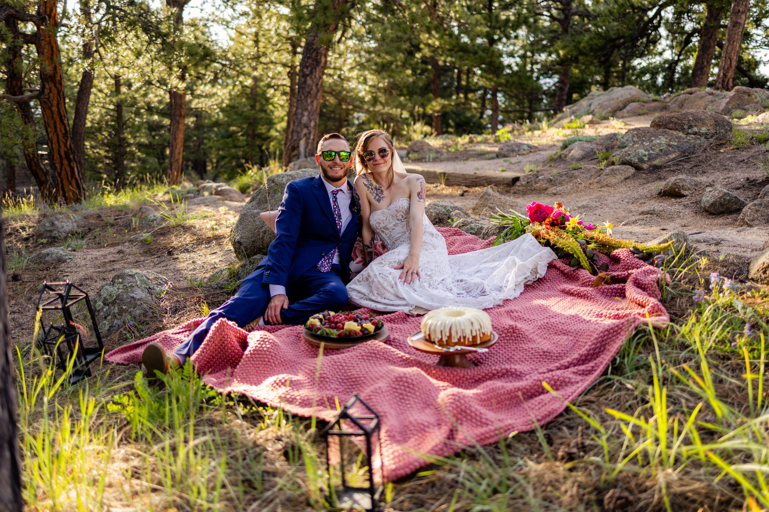 The bride and groom during their post-elopement picnic at Artist Point after their Sunrise Amphitheater elopement ceremony. 