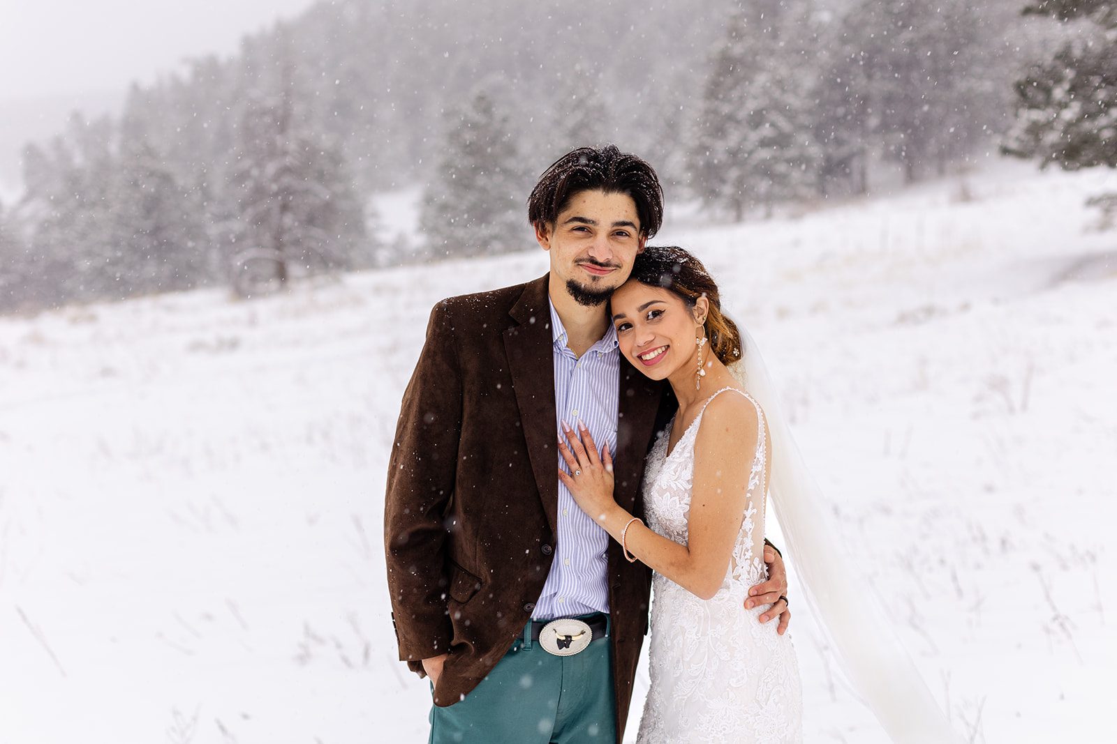 Flagstaff Mountain on a snowy spring day after halfway house elopement ceremony