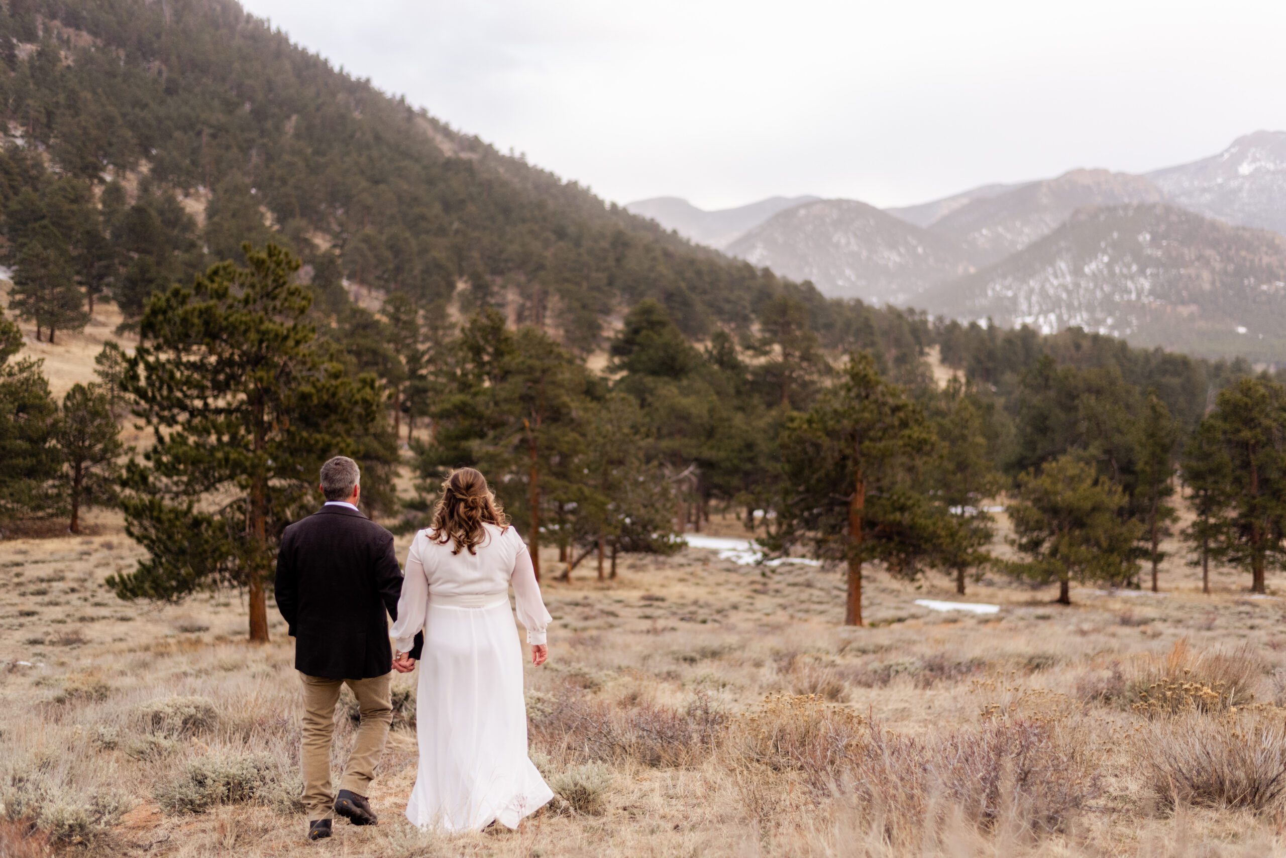bride and groom holding hands, walking away from the camera at their spring  elopement at 3M Curve.
