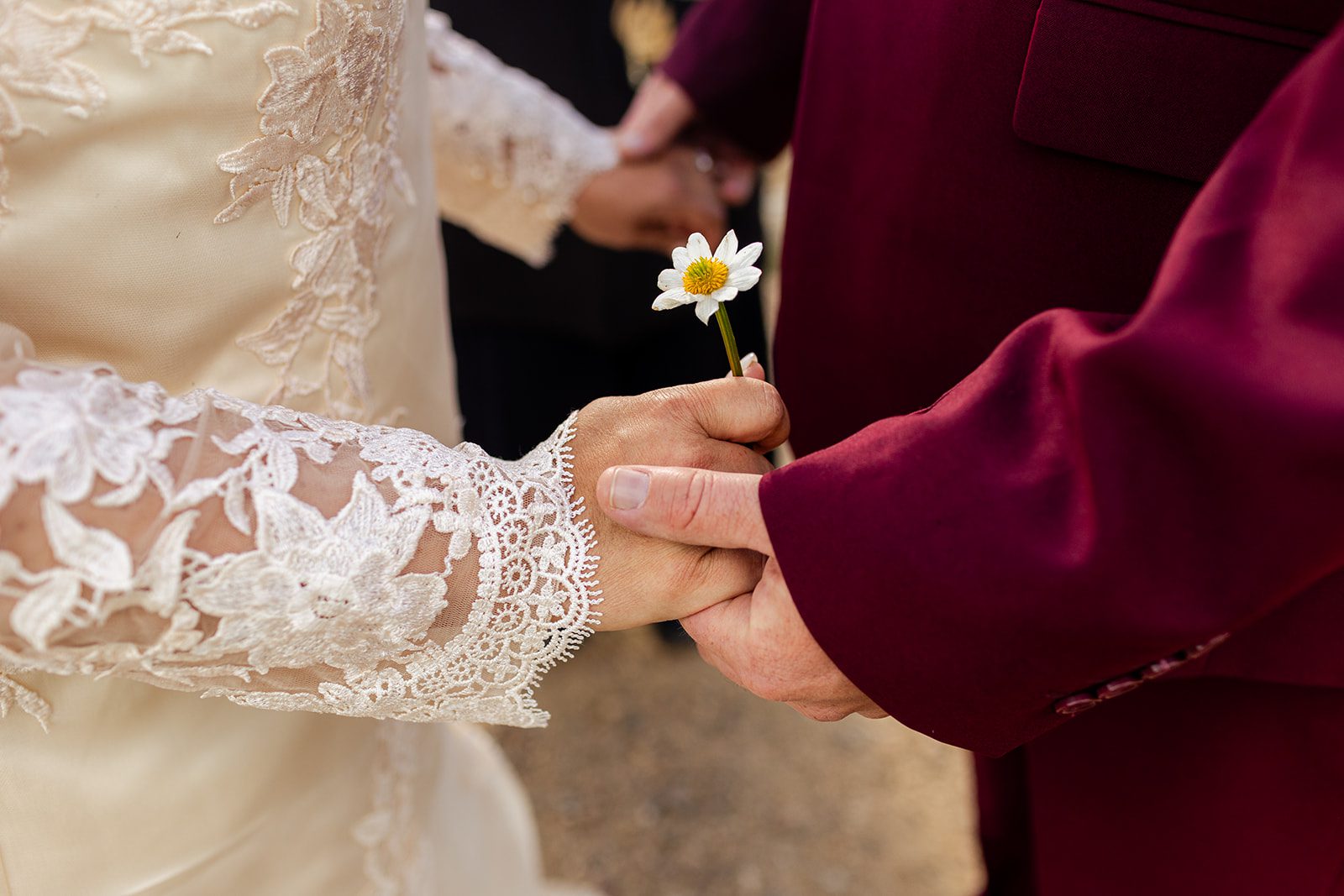 bride and groom holding hands with a flower in the brides hands.