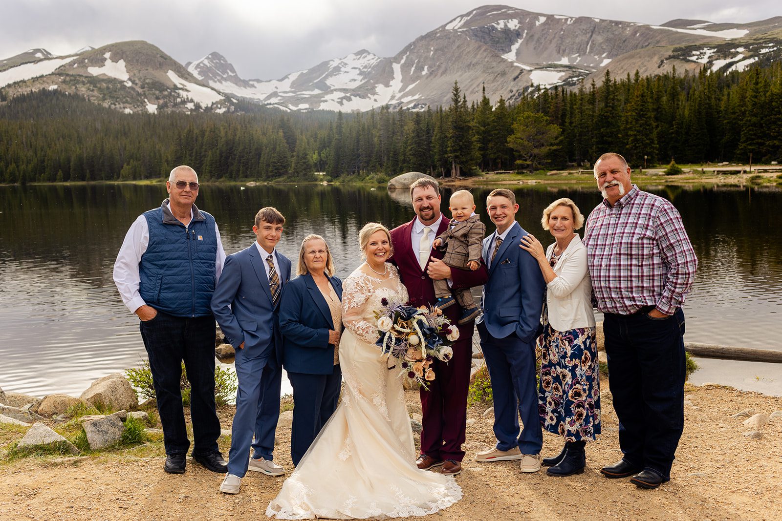 Group family photo after Brainard Lake wedding ceremony.