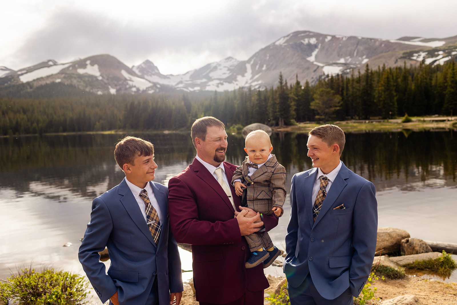 Groom with his boys at Brainard Lake after his wedding ceremony.