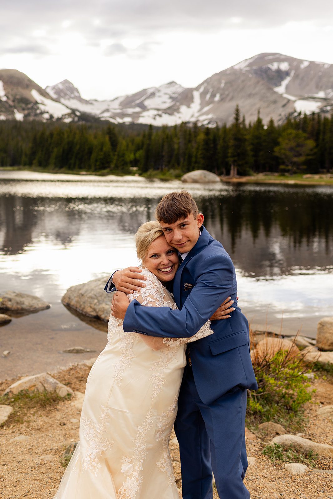 The bride and her son after her Brainard Lake wedding ceremony.