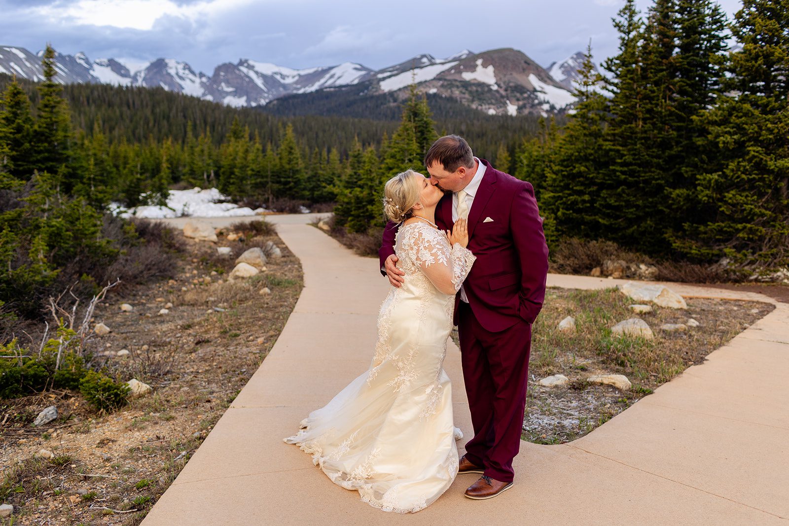 Bride and groom kissing after their Brainard Lake wedding.