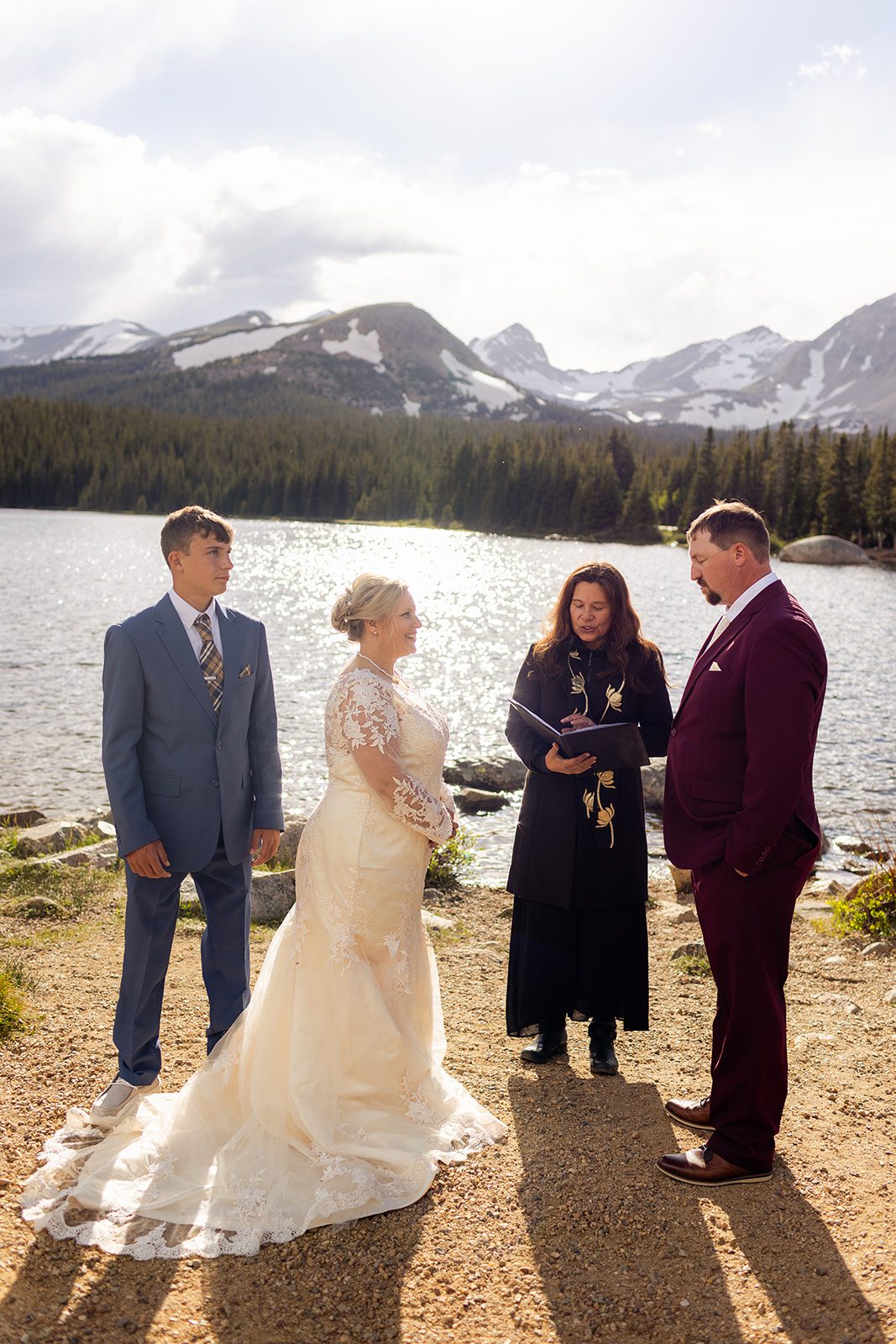 bride and groom looking at each other during Brainard Lake wedding ceremony.