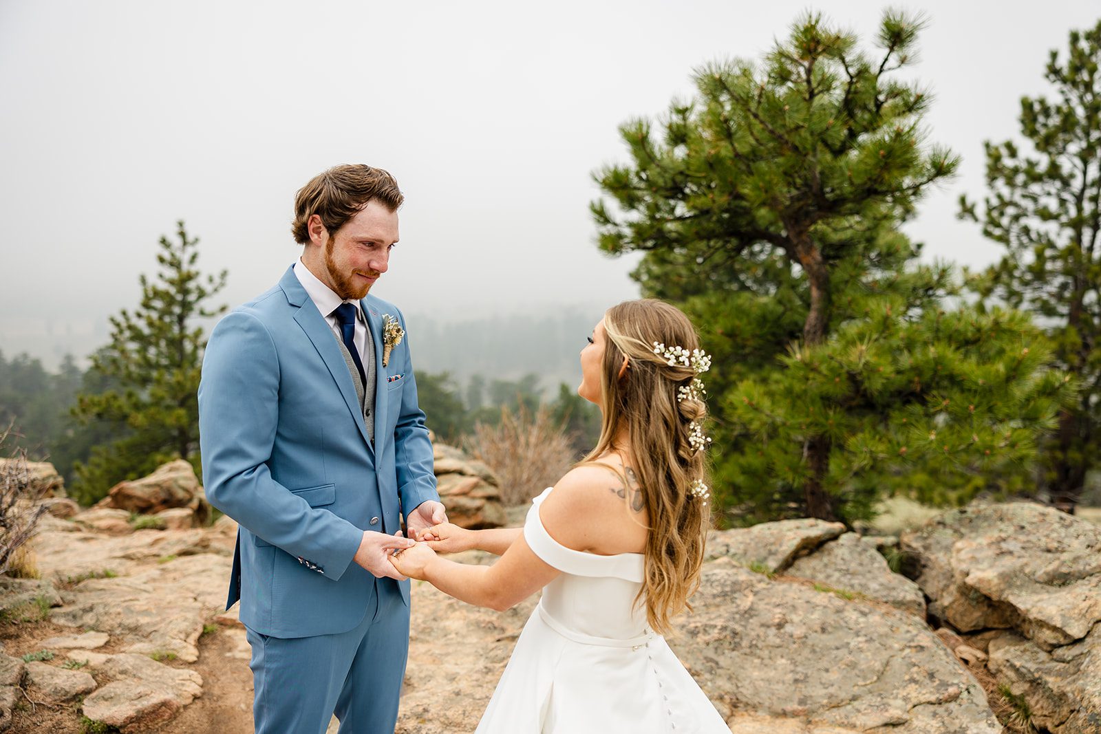 Wedding first look at 3M Curve in Rocky Mountain National Park Estes Park Colorado Elopement