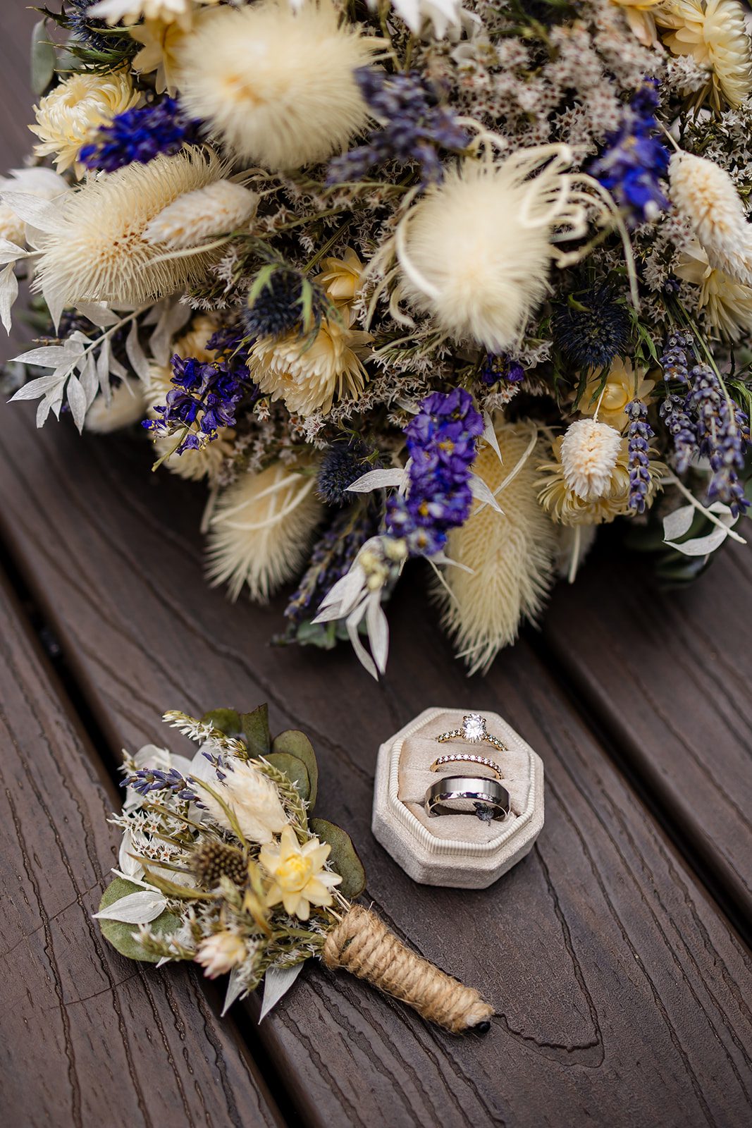 A ring shot and the groom's boutonniere from their Hidden Valley elopement. 