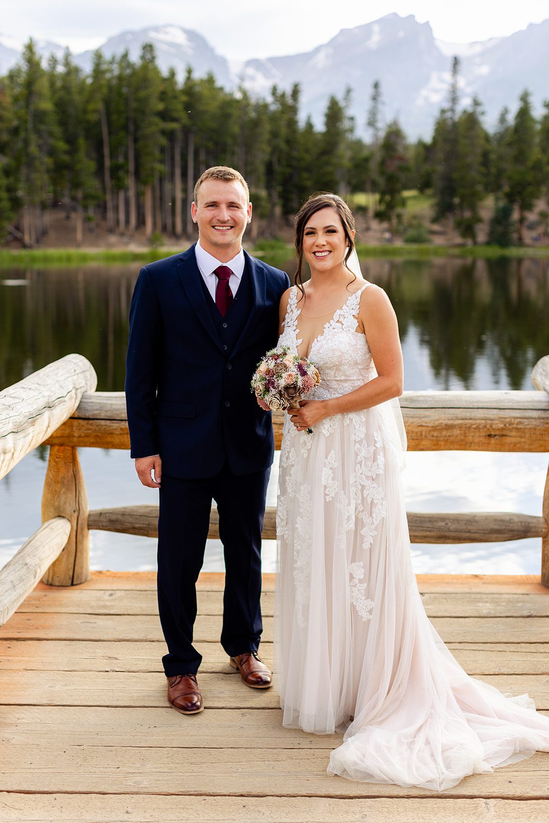 Bride and groom at summer elopement at Sprague Lake