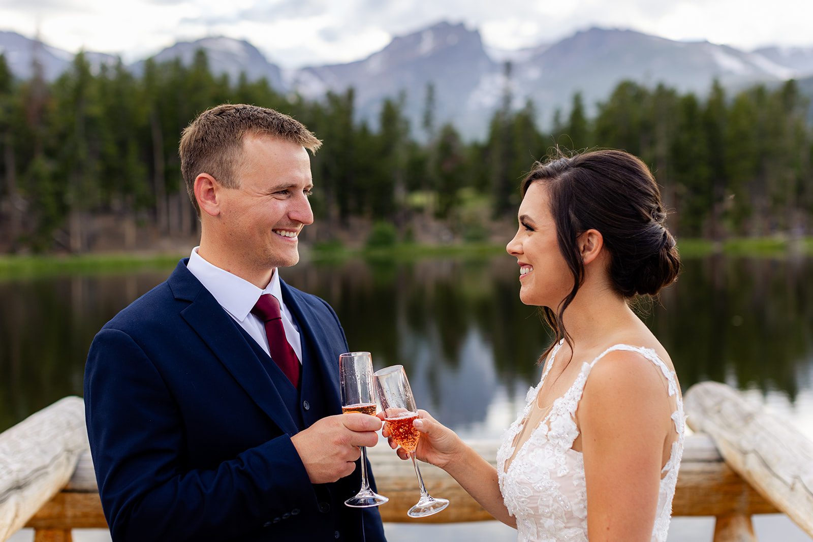 Bride and groom toasting after their elopement ceremony at Sprague Lake