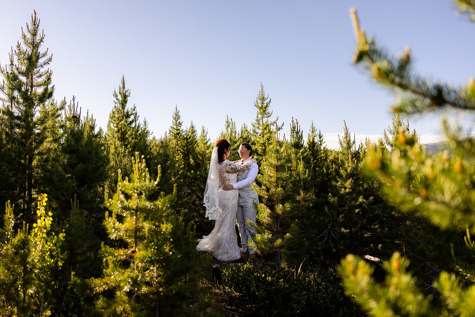 Summit County Elopement couple in the trees at sunset in Colorado. 