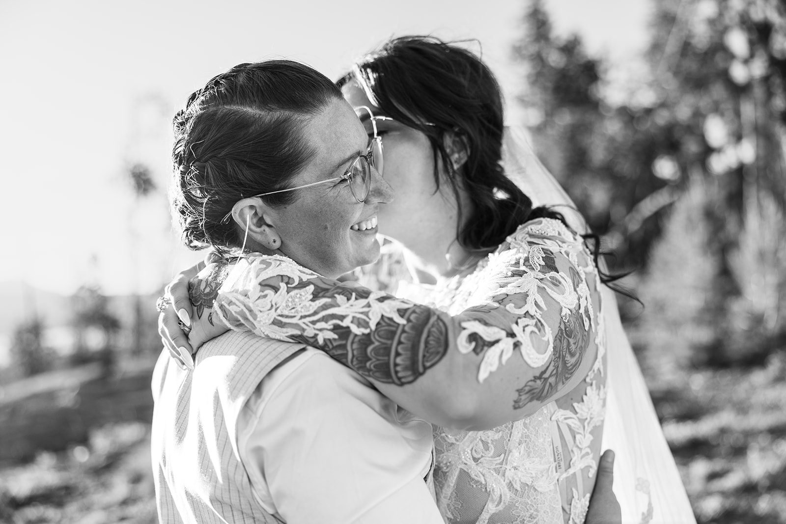 black and white photo of two brides during Elopement in Colorado 