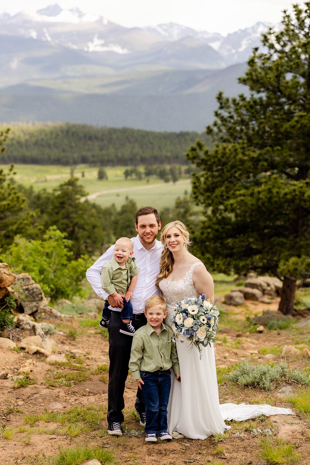 bride and groom with kiddos after their 3m elopement ceremony.