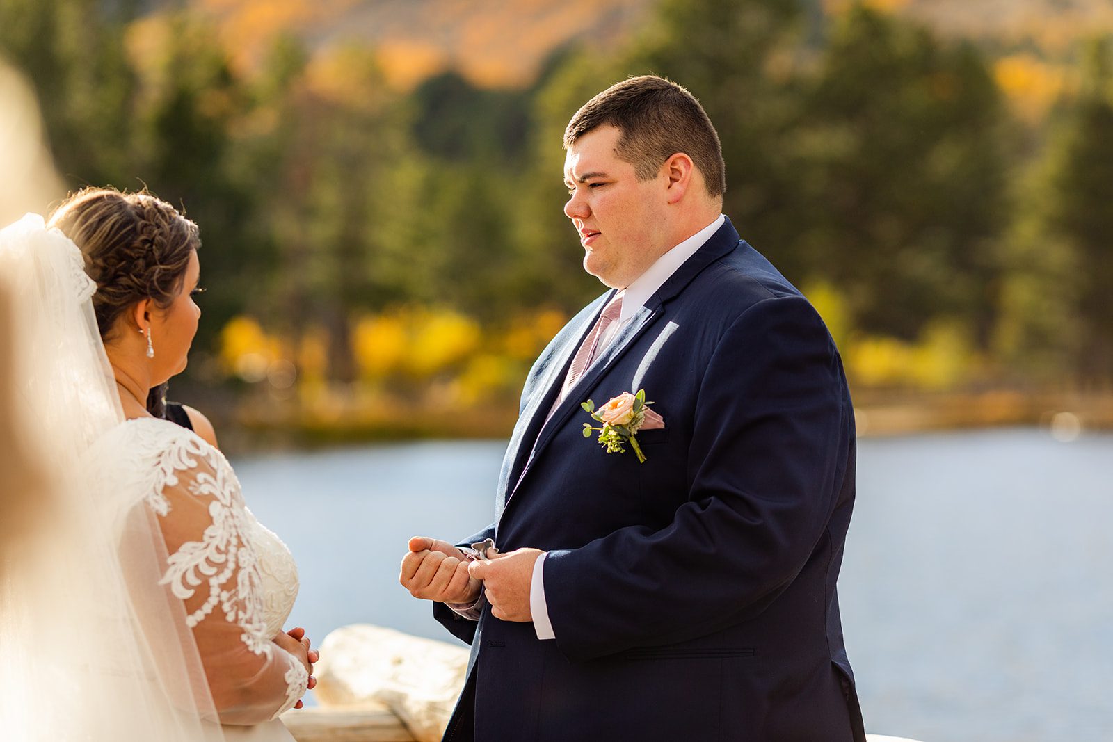 groom sharing his vows during  Sprague Lake elopement ceremony. 