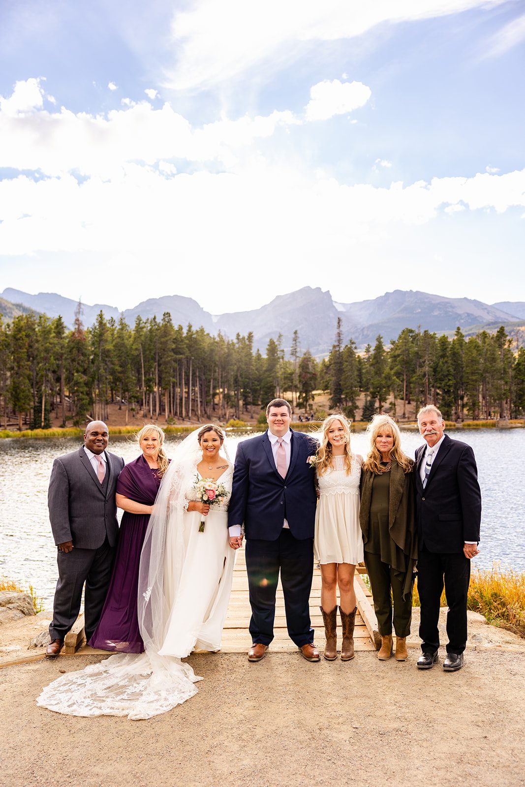 family portraits after Fall elopement at Sprague Lake with bride and groom. 